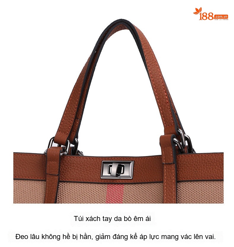 Túi Tote Nữ Da Bò Vải Canvas Kẻ Ô Thời Trang Cao Cấp Màu Nâu chi tiết 17