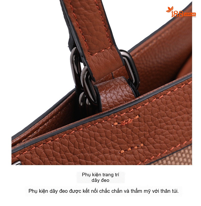 Túi Tote Nữ Da Bò Vải Canvas Kẻ Ô Thời Trang Cao Cấp Màu Nâu chi tiết 18