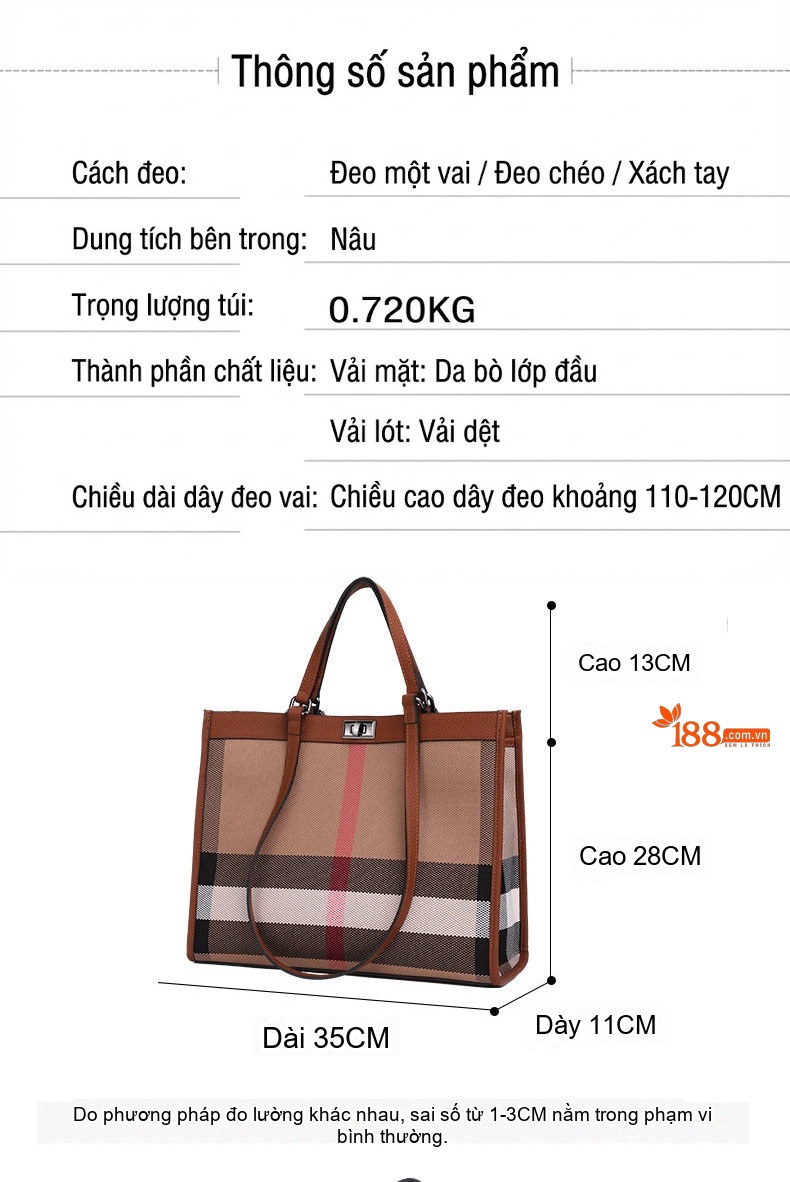 Túi Tote Nữ Da Bò Vải Canvas Kẻ Ô Thời Trang Cao Cấp Màu Nâu chi tiết 3
