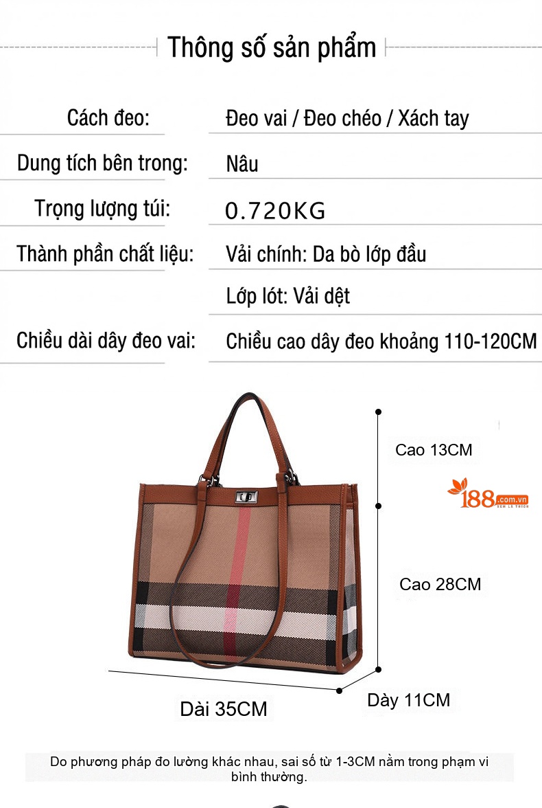 Túi Tote Nữ Da Bò Vải Canvas Kẻ Ô Thời Trang Cao Cấp Màu Nâu chi tiết 20