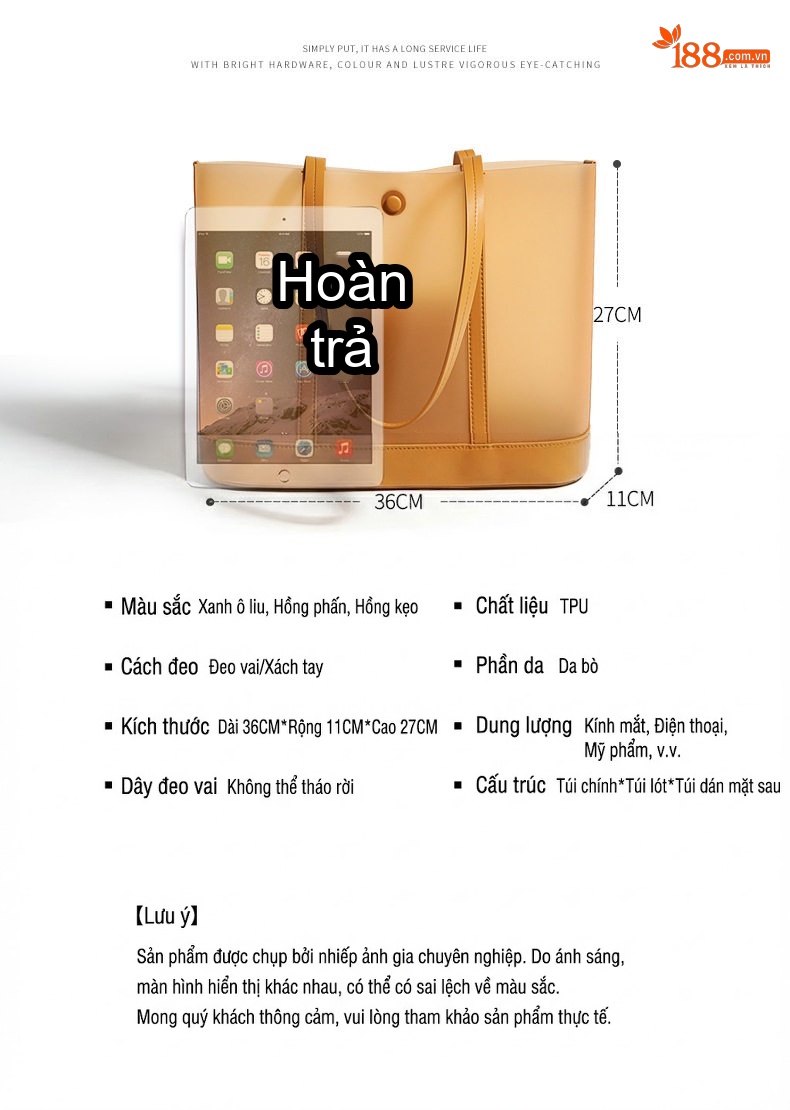 Túi Tote Nữ Da Bóng Công Sở Đựng Laptop A4 Cỡ Lớn Màu Vàng chi tiết 4