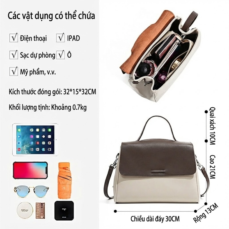 Túi Tote Nữ Da Bóng Công Sở Đựng Laptop Khổ Lớn Màu Nâu, Kem