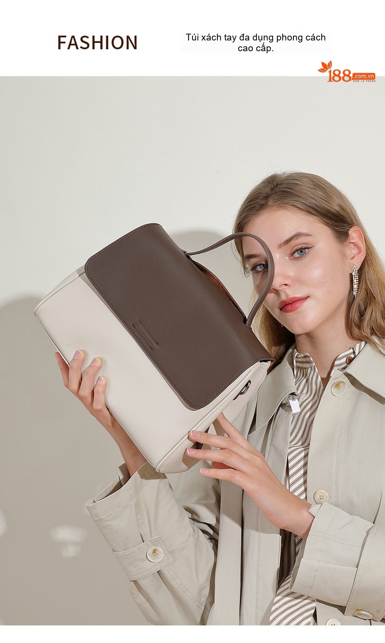 Túi Tote Nữ Da Bóng Công Sở Đựng Laptop Khổ Lớn Màu Nâu, Kem chi tiết 2