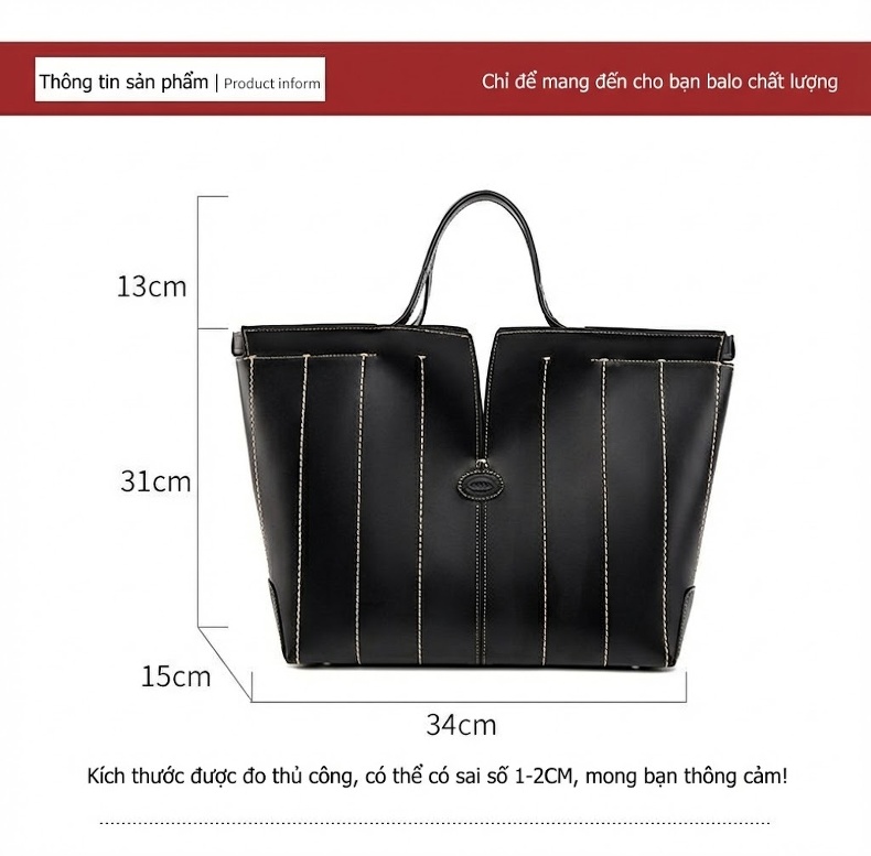 Túi Tote Nữ Da Bóng Công Sở Đựng Tài Liệu Khổ Lớn Phong Cách Thanh Lịch Màu Đen chi tiết 3