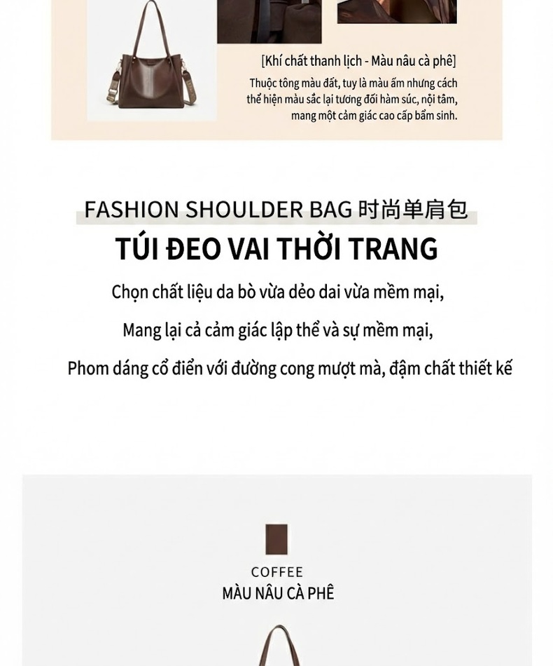 Túi Tote Nữ Da Bóng Công Sở Đựng Vừa A4 Dung Tích Lớn Màu Nâu chi tiết 3