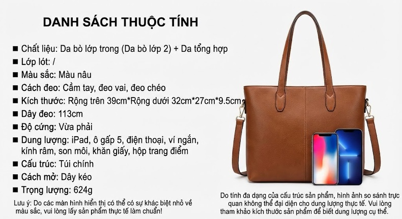 Túi Tote Nữ Da Bóng Công Sở Đựng Vừa A4 Dung Tích Lớn Màu Nâu chi tiết 4