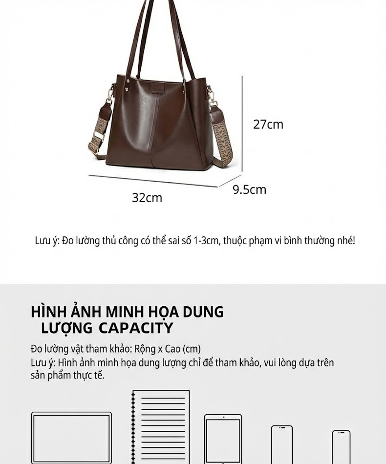 Túi Tote Nữ Da Bóng Công Sở Đựng Vừa A4 Dung Tích Lớn Màu Nâu chi tiết 5