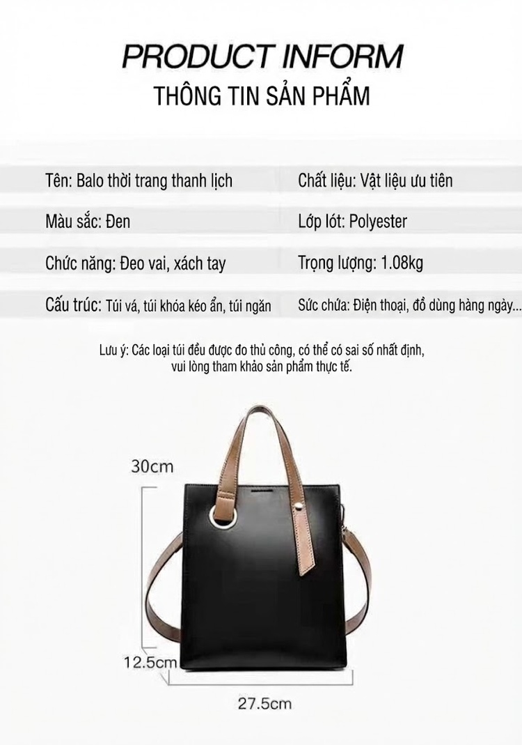 Túi Tote Nữ Da Bóng Công Sở Đựng Vừa A4 Size Lớn Màu Đen, Nâu chi tiết 4