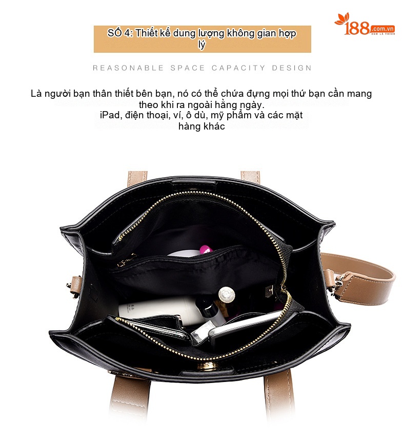 Túi Tote Nữ Da Bóng Công Sở Đựng Vừa A4 Size Lớn Màu Đen, Nâu chi tiết 5