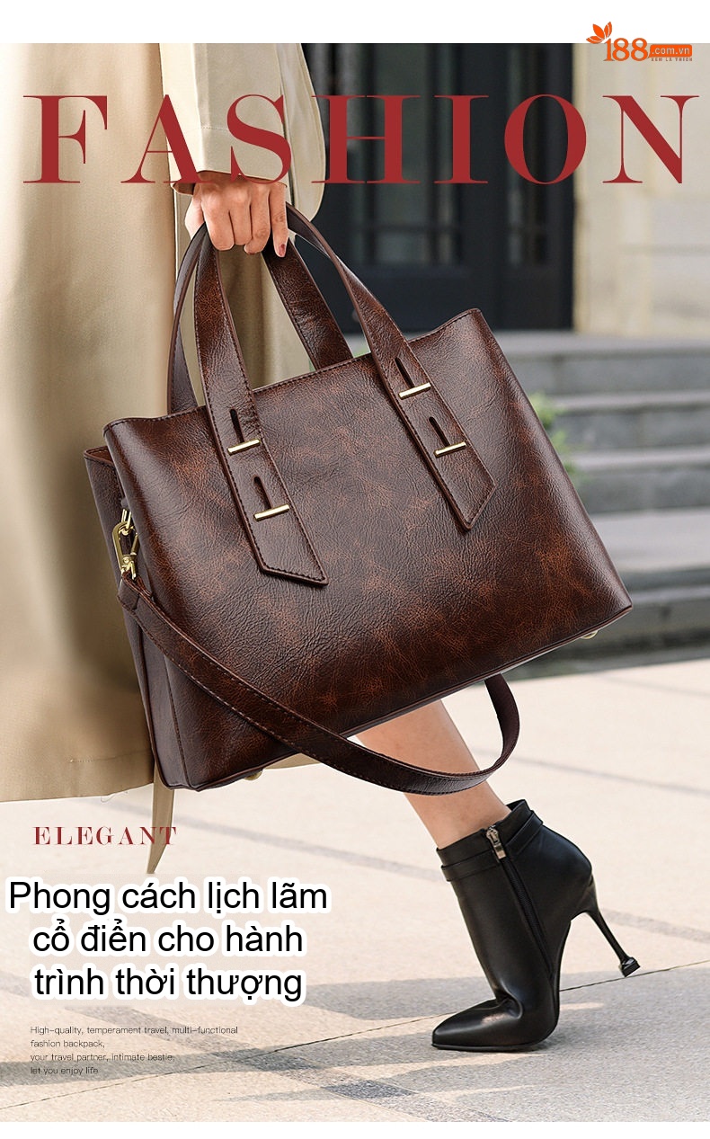 Túi Tote Nữ Da Bóng Công Sở Vintage Đựng Laptop Khổ A4 Màu Nâu chi tiết 2