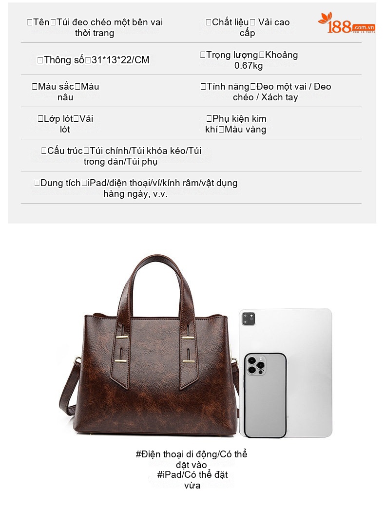 Túi Tote Nữ Da Bóng Công Sở Vintage Đựng Laptop Khổ A4 Màu Nâu chi tiết 4