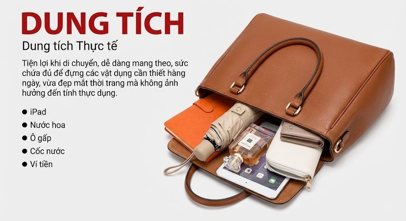 Túi Tote Nữ Da Bóng Công Sở Vintage Đựng Laptop Khổ A4 Màu Nâu chi tiết 10