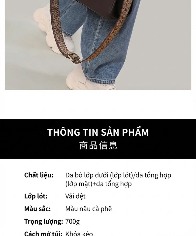 Túi Tote Nữ Da Bóng Dáng Trống Lớn Đeo Chéo, Đeo Vai, Xách Tay Màu Nâu chi tiết 6