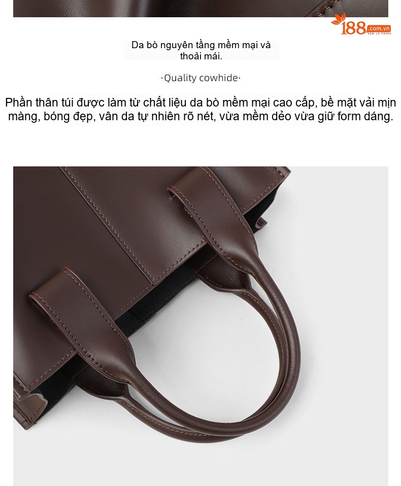 Túi Tote Nữ Da Bóng Dáng Trống Lớn Đeo Chéo, Đeo Vai, Xách Tay Màu Nâu chi tiết 13