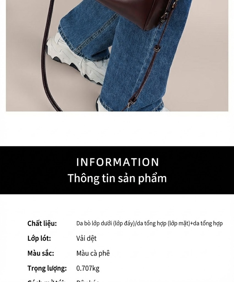 Túi Tote Nữ Da Bóng Đeo Chéo Đựng Đồ Dung Tích Lớn Màu Nâu chi tiết 6