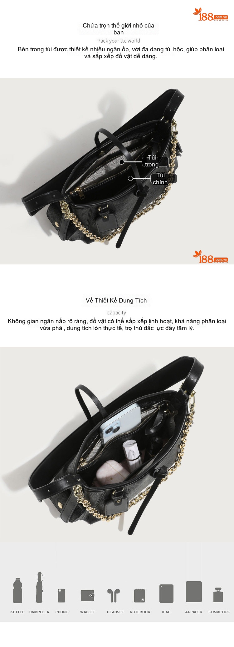 Túi Tote Nữ Da Bóng Đeo Vai, Đeo Chéo, Dung Tích Lớn Màu Đen chi tiết 4