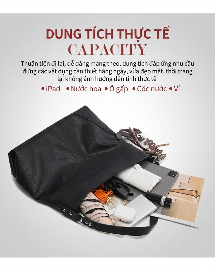 Túi Tote Nữ Da Bóng Đeo Vai Đựng Vừa A4 Phong Cách Casual Màu Đen, Nâu chi tiết 12
