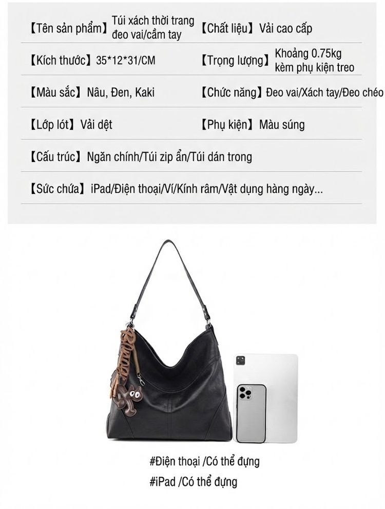Túi Tote Nữ Da Bóng Đeo Vai Đựng Vừa A4 Phong Cách Casual Màu Đen, Nâu chi tiết 6