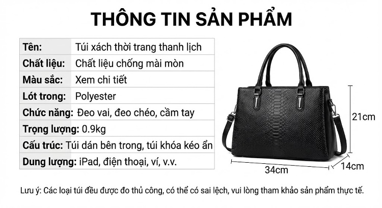 Túi Tote Nữ Da Bóng Đựng Tài Liệu Công Sở Thời Trang Màu Đen chi tiết 5