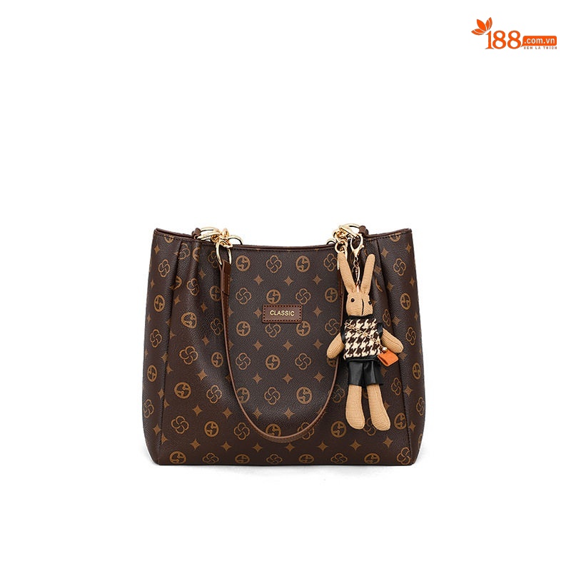 Túi Tote Nữ Da Bóng Họa Tiết Classic Công Sở Đựng Vừa A4 Màu Nâu