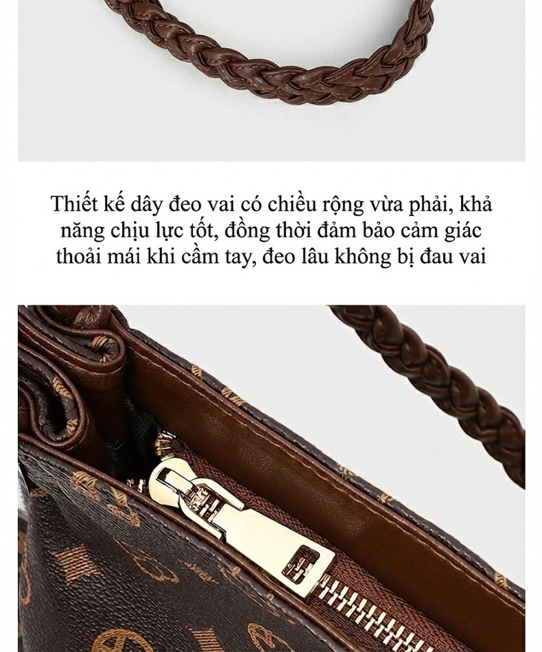 Túi Tote Nữ Da Bóng Họa Tiết Quai Xách Bện Dây Đeo Vai Công Sở Dung Tích Lớn Màu Nâu chi tiết 11