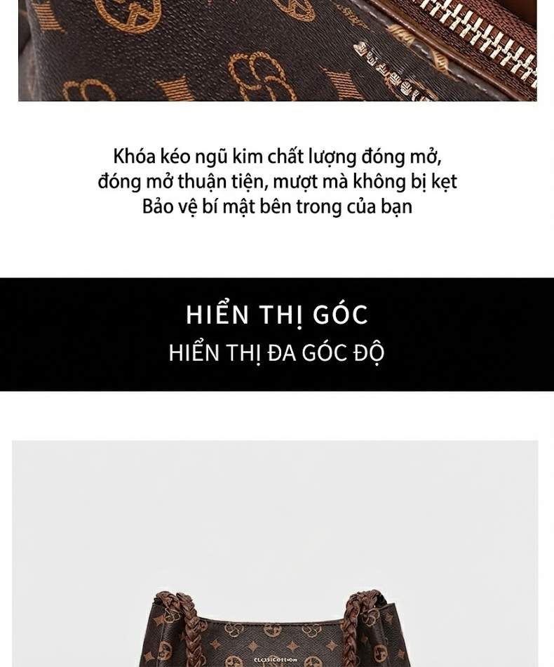 Túi Tote Nữ Da Bóng Họa Tiết Quai Xách Bện Dây Đeo Vai Công Sở Dung Tích Lớn Màu Nâu chi tiết 12