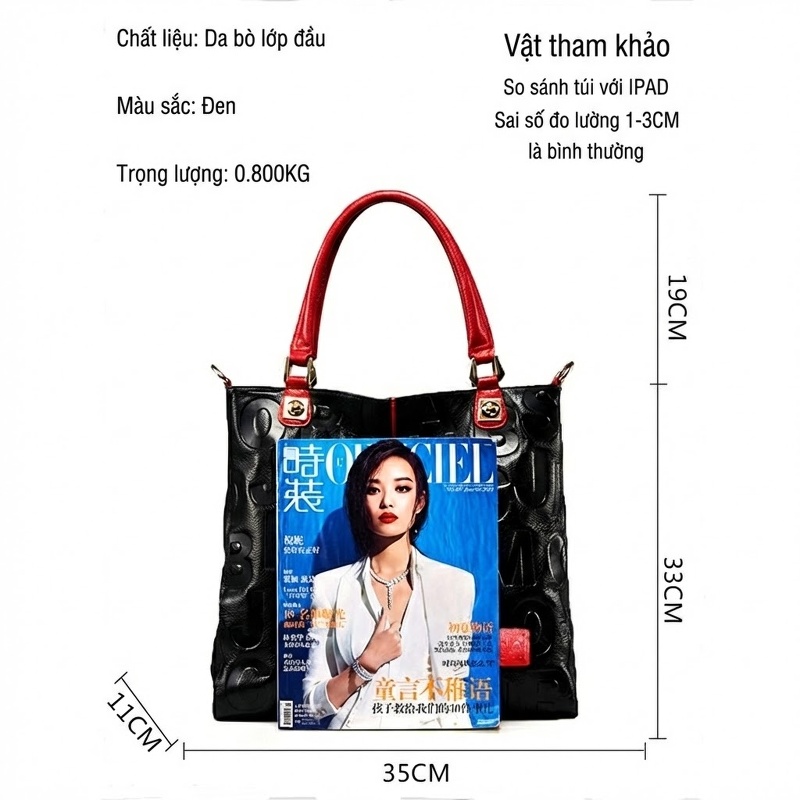 Túi Tote Nữ Da Bóng In Chữ Đơn Giản Phong Cách Đô Thị Màu Đen, Đỏ chi tiết 1