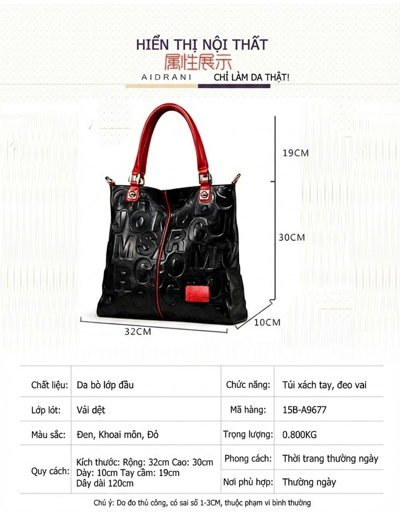 Túi Tote Nữ Da Bóng In Chữ Đơn Giản Phong Cách Đô Thị Màu Đen, Đỏ chi tiết 6