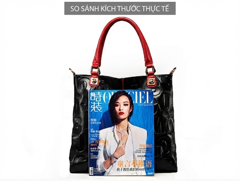 Túi Tote Nữ Da Bóng In Chữ Đơn Giản Phong Cách Đô Thị Màu Đen, Đỏ chi tiết 7