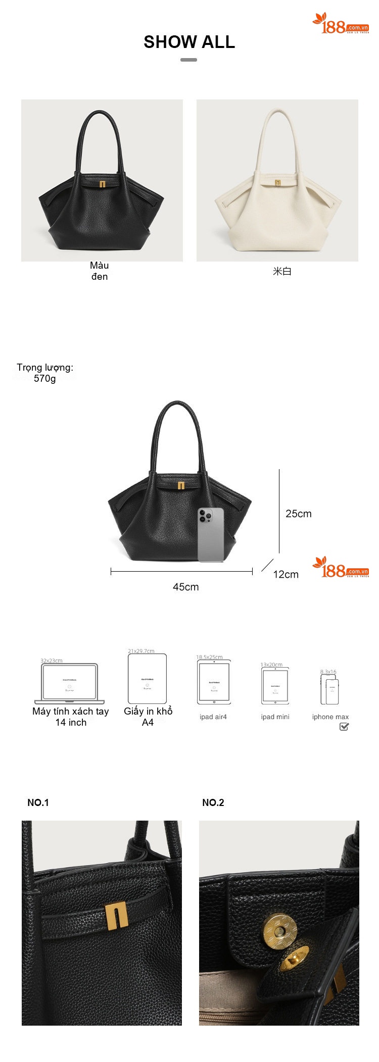 Túi Tote Nữ Da Bóng Lớn Đeo Vai Đi Làm Hàng Ngày Phong Cách Tối Giản Màu Đen, Trắng chi tiết 3
