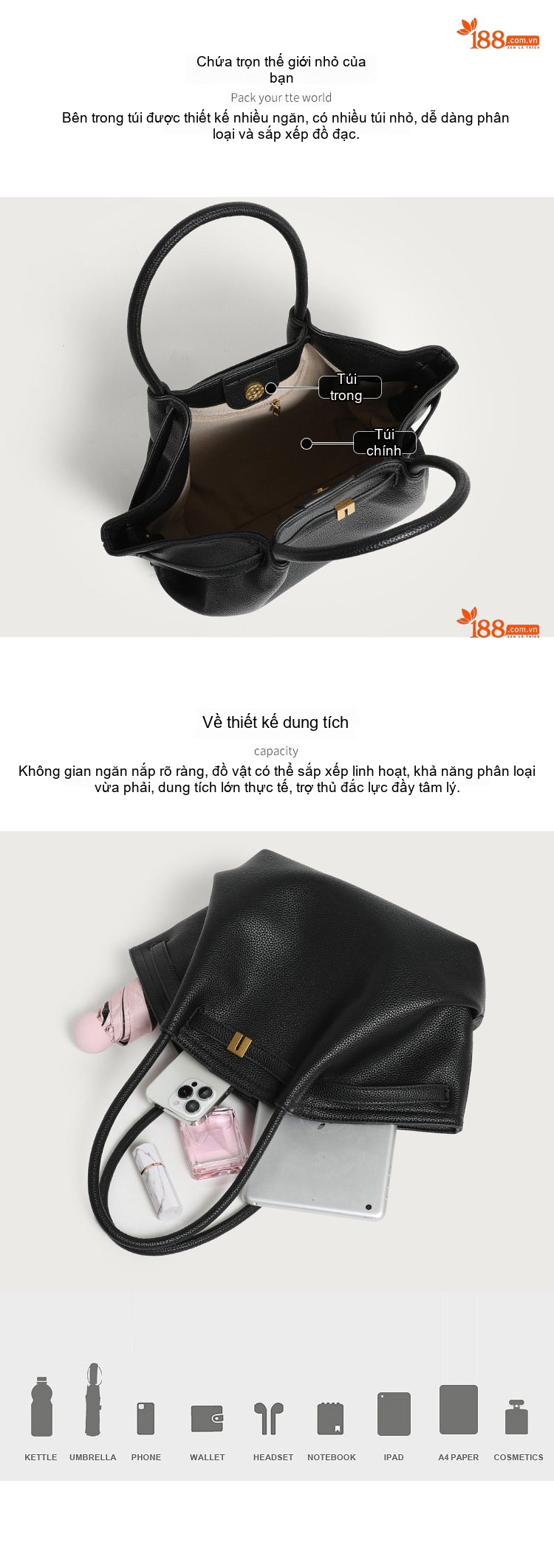 Túi Tote Nữ Da Bóng Lớn Đeo Vai Đi Làm Hàng Ngày Phong Cách Tối Giản Màu Đen, Trắng chi tiết 4