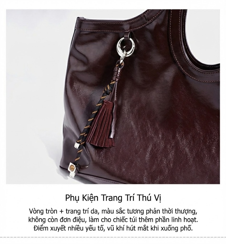 Túi Tote Nữ Da Bóng Lớn Hình Quạt Đeo Vai Phong Cách Tối Giản Màu Đen, Nâu Đỏ chi tiết 12