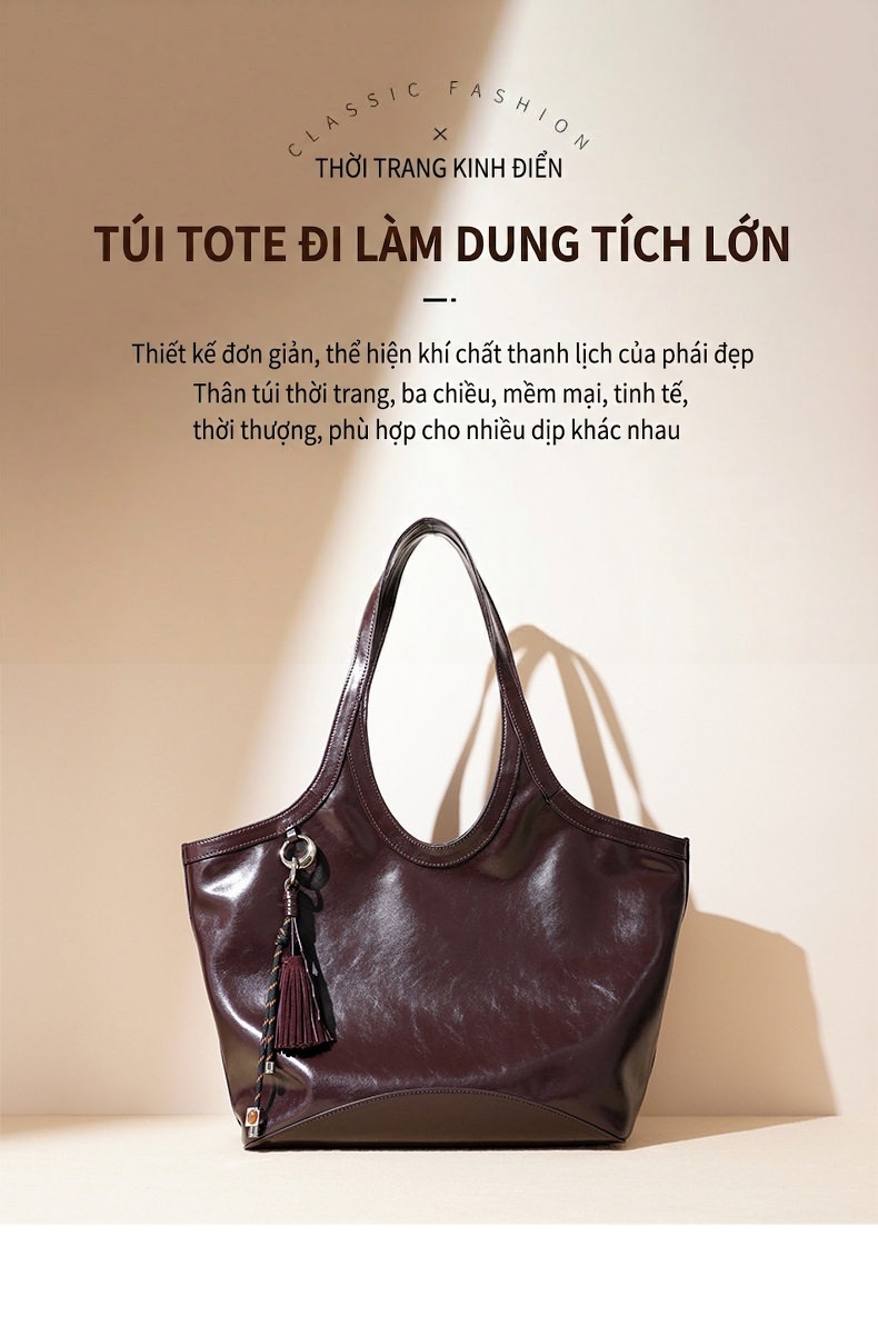 Túi Tote Nữ Da Bóng Lớn Hình Quạt Đeo Vai Phong Cách Tối Giản Màu Đen, Nâu Đỏ chi tiết 2