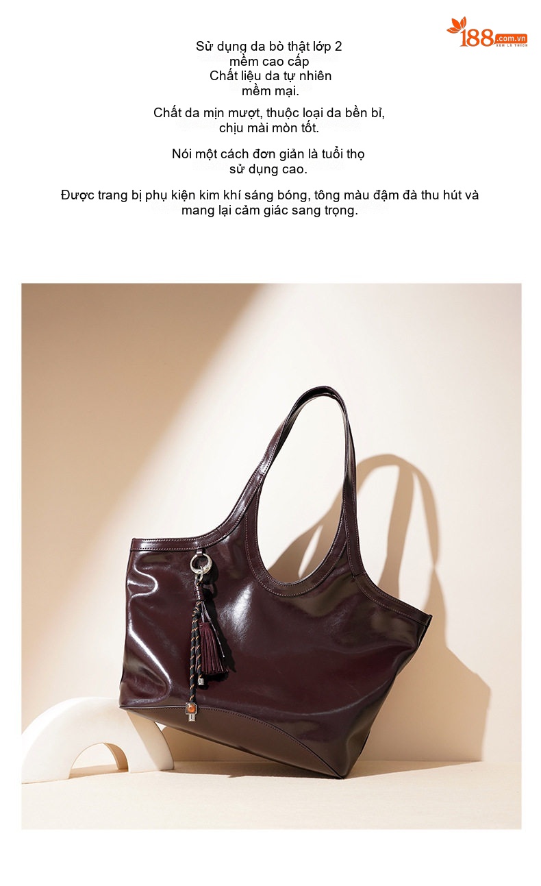 Túi Tote Nữ Da Bóng Lớn Hình Quạt Đeo Vai Phong Cách Tối Giản Màu Đen, Nâu Đỏ chi tiết 3