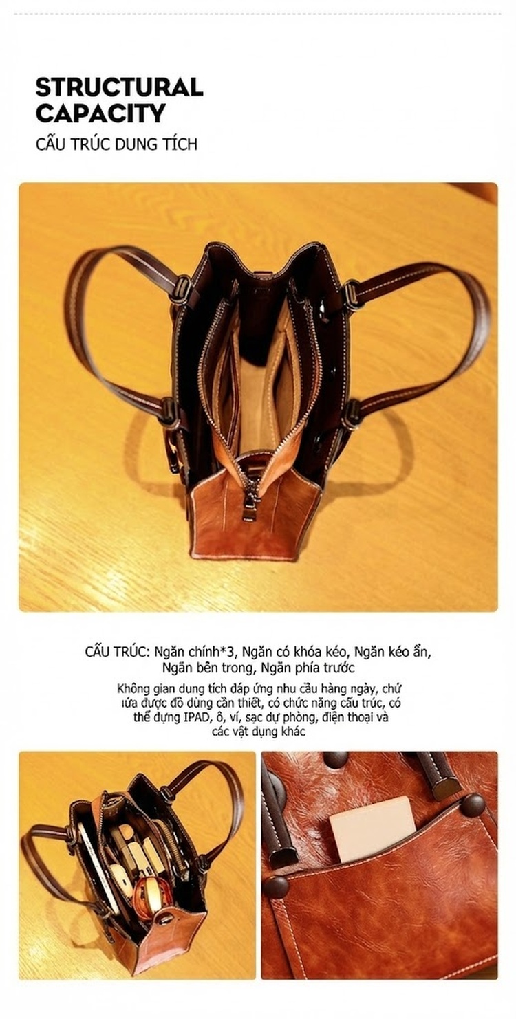 Túi Tote Nữ Da Bóng Retro Đựng Vừa A4, Túi Đeo Vai Nữ Phong Cách Đô Thị Màu Nâu, Đen chi tiết 6