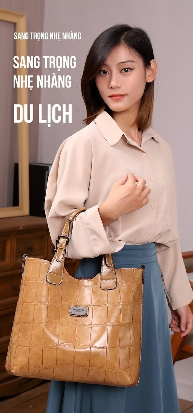 Túi Tote Nữ Da Bóng Retro Phong Cách Âu Mỹ Sức Chứa Lớn Kèm Túi Nhỏ - Màu Nâu chi tiết 1