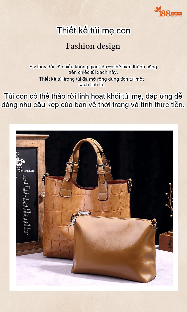 Túi Tote Nữ Da Bóng Retro Phong Cách Âu Mỹ Sức Chứa Lớn Kèm Túi Nhỏ - Màu Nâu chi tiết 2