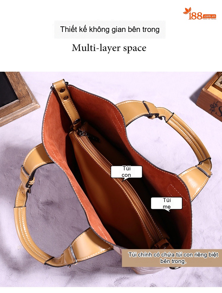 Túi Tote Nữ Da Bóng Retro Phong Cách Âu Mỹ Sức Chứa Lớn Kèm Túi Nhỏ - Màu Nâu chi tiết 5
