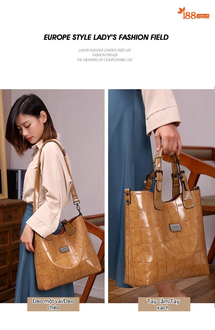 Túi Tote Nữ Da Bóng Retro Phong Cách Âu Mỹ Sức Chứa Lớn Kèm Túi Nhỏ - Màu Nâu chi tiết 9