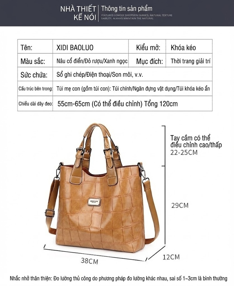 Túi Tote Nữ Da Bóng Retro Phong Cách Âu Mỹ Sức Chứa Lớn Kèm Túi Nhỏ - Màu Nâu chi tiết 18