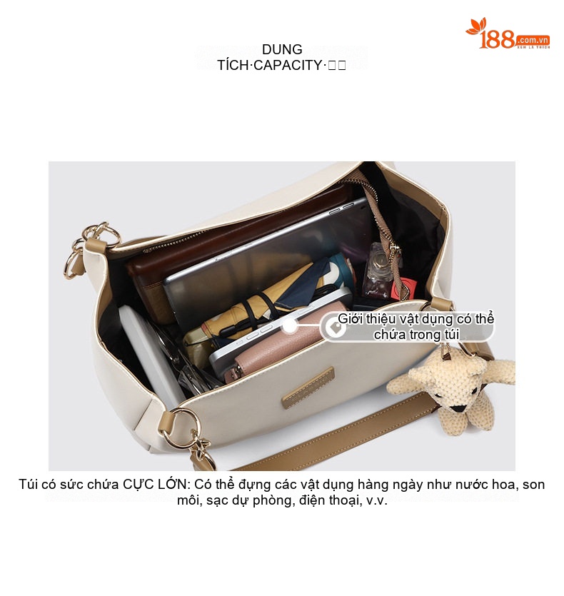 Túi Tote Nữ Da Bóng Sức Chứa Lớn Cao Cấp Túi Đeo Vai Túi Đeo Chéo Đựng Tài Liệu Đi Làm Màu Trắng Kem chi tiết 8