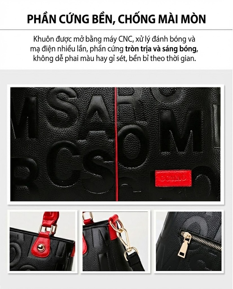 Túi Tote Nữ Da Bóng Sức Chứa Lớn Đeo Vai, Đeo Chéo Thời Trang Màu Đen, Đỏ chi tiết 2