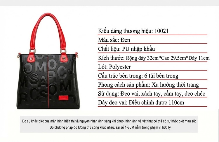 Túi Tote Nữ Da Bóng Sức Chứa Lớn Đeo Vai, Đeo Chéo Thời Trang Màu Đen, Đỏ chi tiết 3
