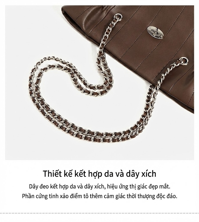 Túi Tote Nữ Da Bóng Sức Chứa Lớn Thiết Kế Tối Giản Đeo Vai, Đeo Chéo Dây Xích Màu Nâu chi tiết 10