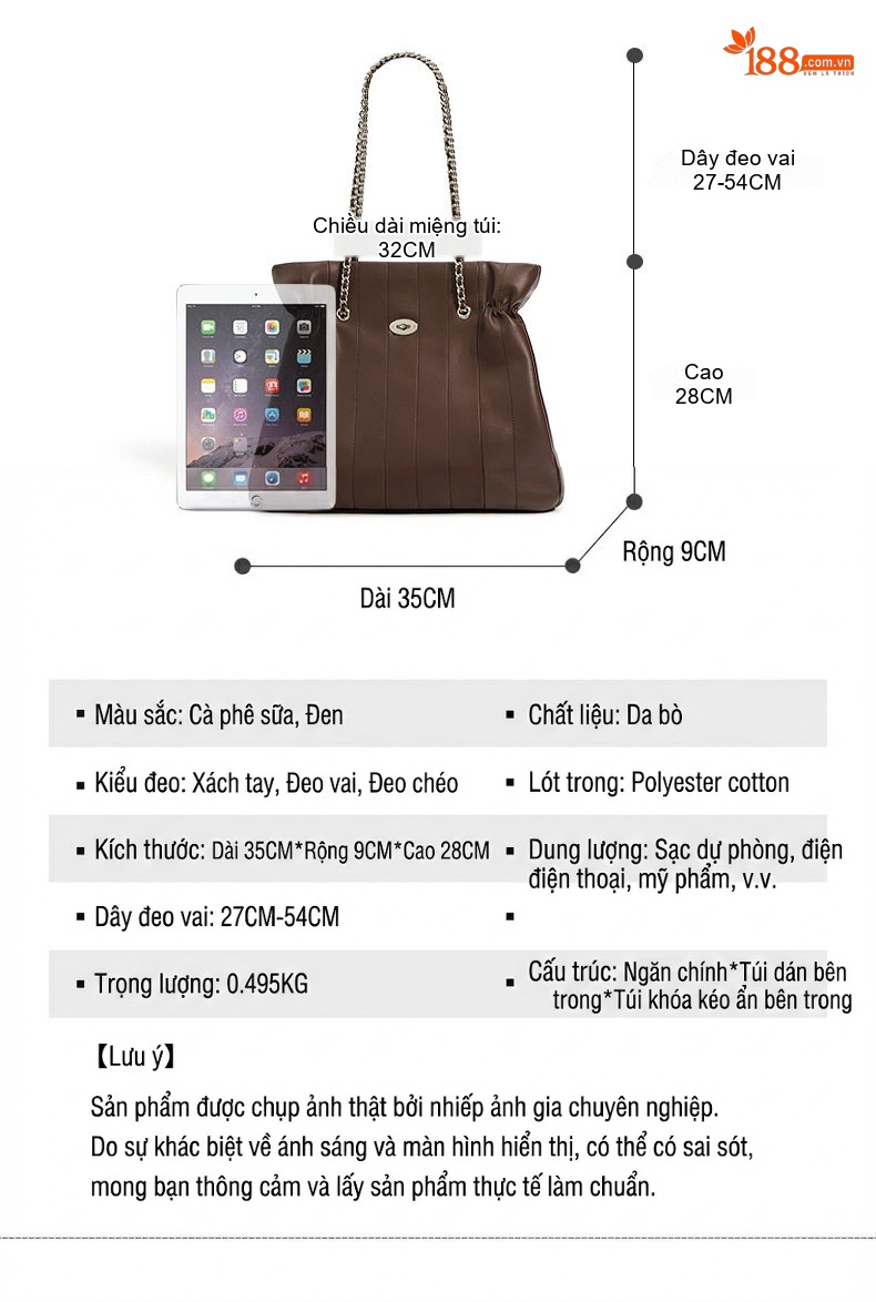 Túi Tote Nữ Da Bóng Sức Chứa Lớn Thiết Kế Tối Giản Đeo Vai, Đeo Chéo Dây Xích Màu Nâu chi tiết 5