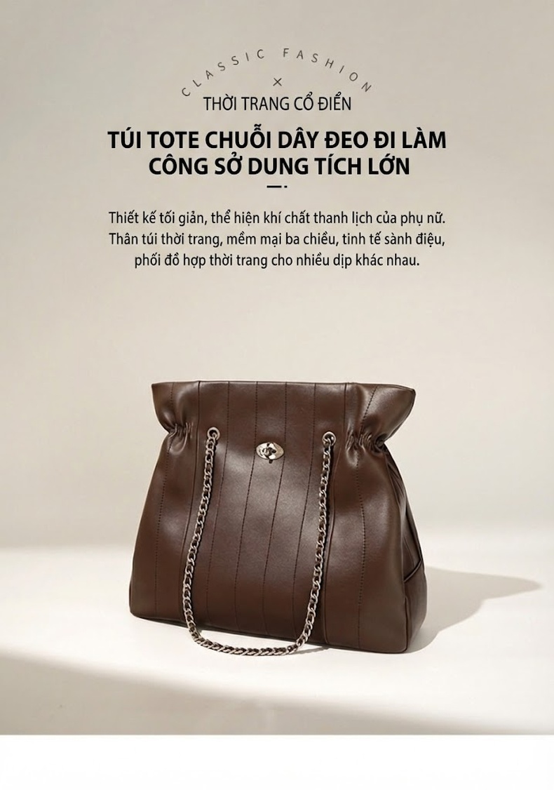 Túi Tote Nữ Da Bóng Sức Chứa Lớn Thiết Kế Tối Giản Đeo Vai, Đeo Chéo Dây Xích Màu Nâu chi tiết 1