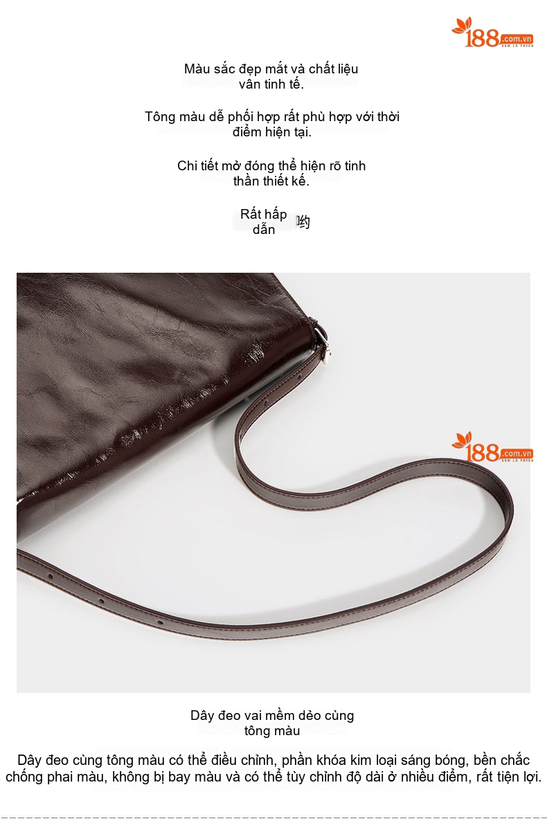 Túi Tote Nữ Da Bóng Thiết Kế Retro, Đeo Vai, Đeo Chéo, Sức Chứa Lớn Màu Nâu Đậm chi tiết 8
