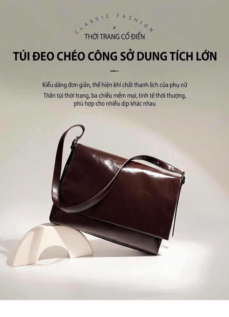 Túi Tote Nữ Da Bóng Thiết Kế Retro, Đeo Vai, Đeo Chéo, Sức Chứa Lớn Màu Nâu Đậm chi tiết 2