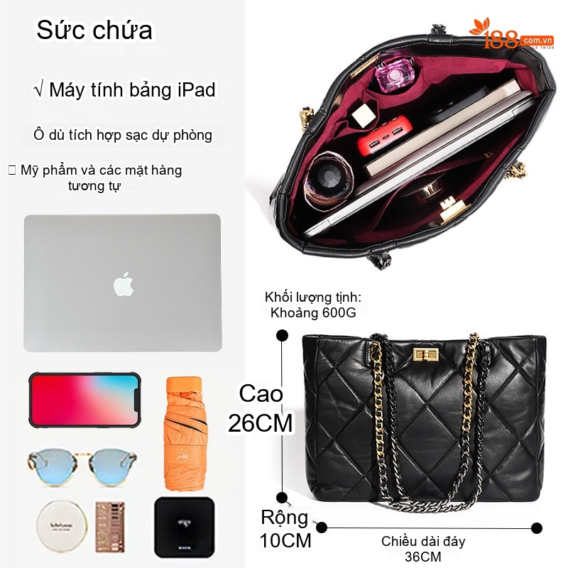 Túi Tote Nữ Da Cừu Sức Chứa Lớn Đeo Vai Dây Xích Trám Màu Đen, Nâu