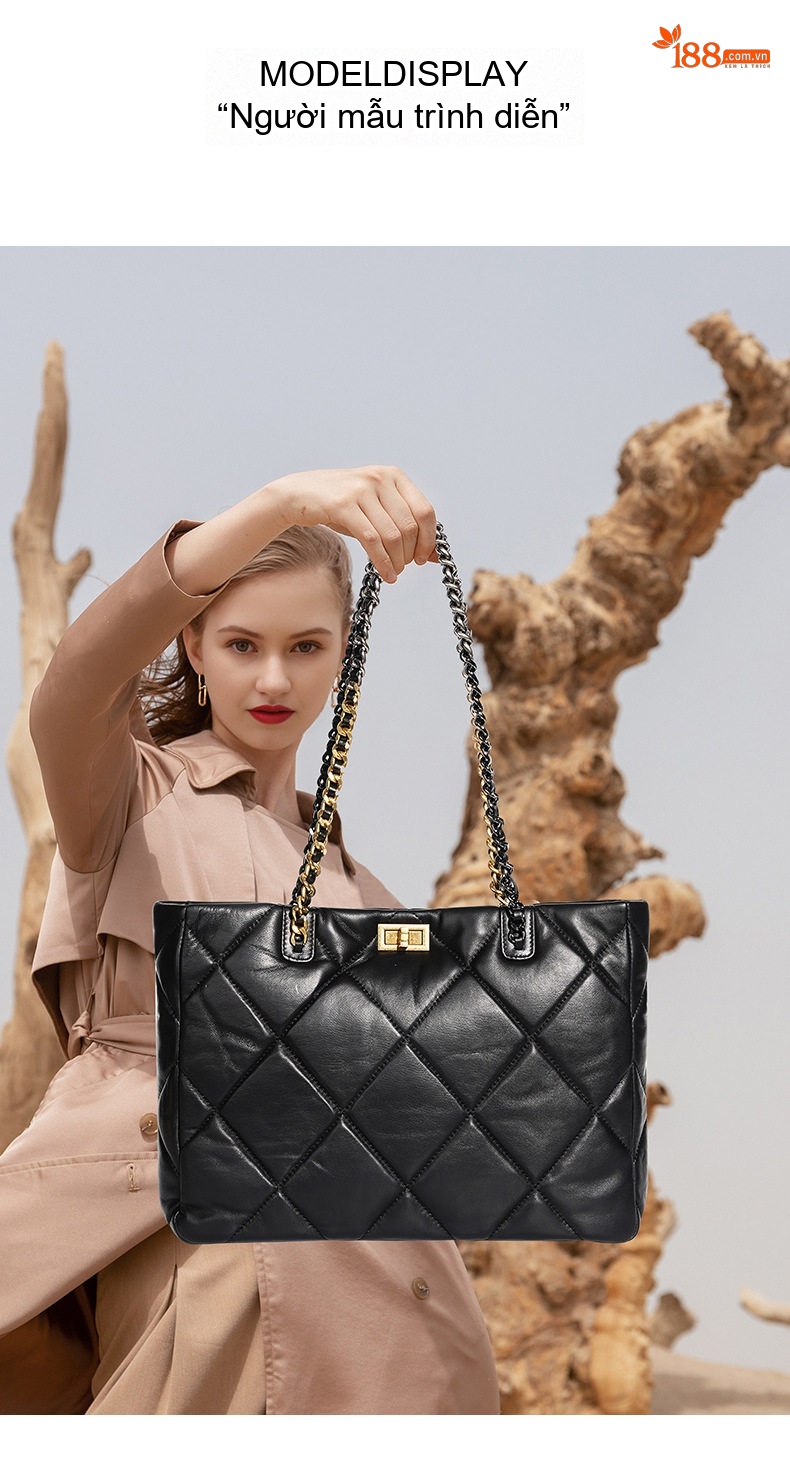 Túi Tote Nữ Da Cừu Sức Chứa Lớn Đeo Vai Dây Xích Trám Màu Đen, Nâu chi tiết 12